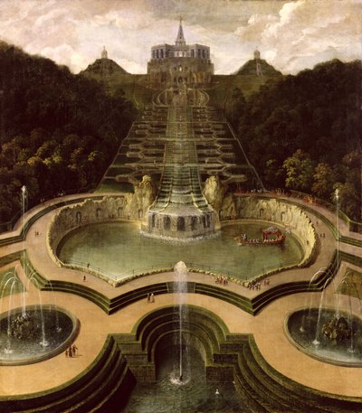 Uitzicht op de achthoek over de watervallen en de poelen van Neptunus door Jan van Nickelen