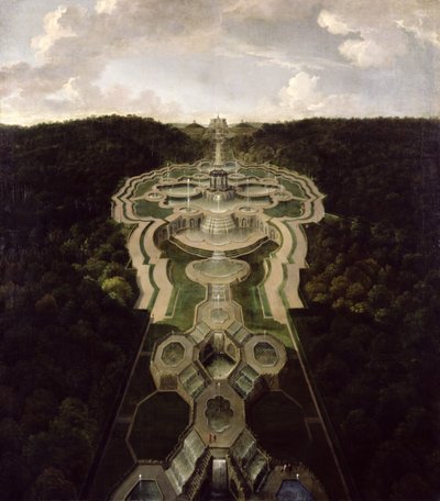 Uitzicht over het grote plein met tempel aan het begin van het tweede derde van de watervallen naar de achthoek door Jan van Nickelen