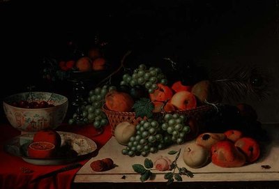 Een mand met druiven en appels door Jan van Os