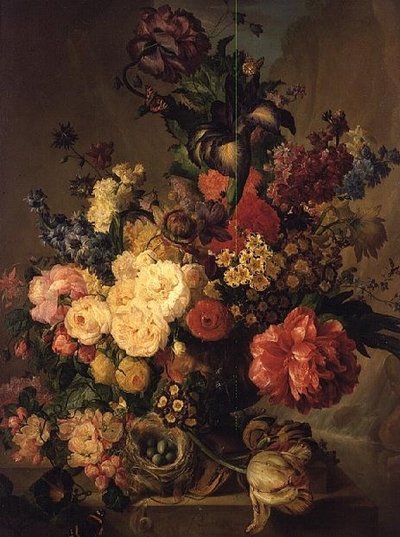 Bloemen op een Richel bij een Waterval door Jan van Os