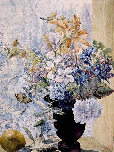 Vaas met gemengde bloemen in een raam door Jan van Os