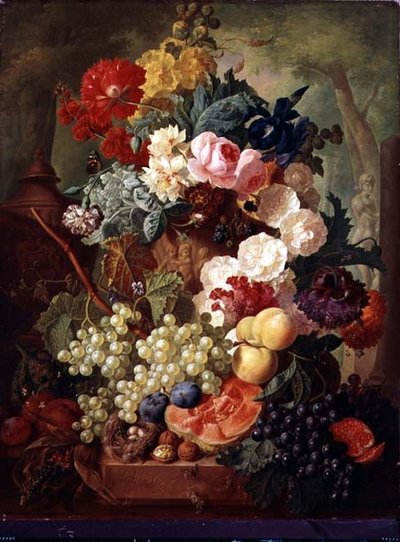 Rozen, een Iris en een Klaproos door Jan van Os