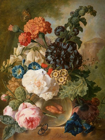 Rozen, chrysanten, pioenen en andere bloemen in een glazen vaas met goudvissen op een stenen richel door Jan van Os