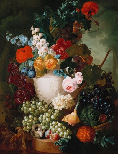 Rozen, klaprozen en andere bloemen in een gebeeldhouwde vaas met fruit, een muis en een vogelnest op een stenen richel door Jan van Os