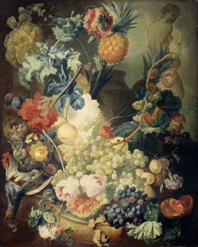Stilleven met bloemen, fruit en vogels door Jan van Os