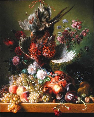 Stilleven met fazant en bloemen door Jan van Os