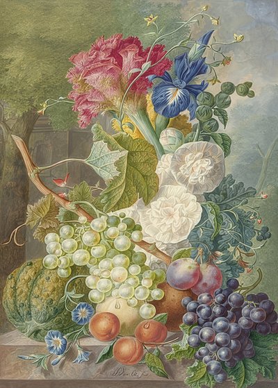 Stilleven met bloemen en vruchten door Jan van Os