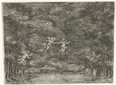 Toneeldecor met engelen aan de nachtelijke hemel door Jan van Ossenbeeck
