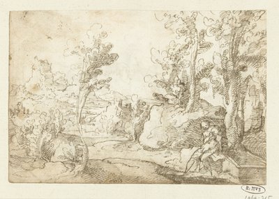 Landschap met een figuur zittend bij een waterput door Jan van Scorel (attributed to)