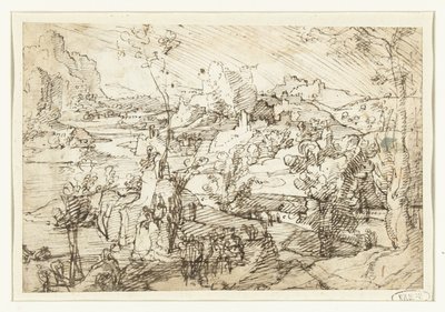 Landschap met rotsen, figuren en een zeilschip door Jan van Scorel (attributed to)