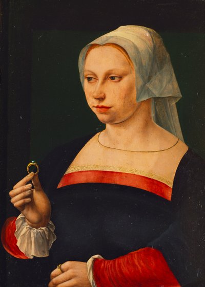 Portret van een dame met een ring door Jan van Scorel