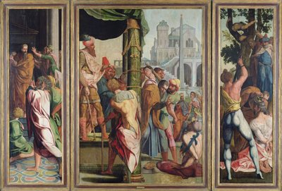 De preek, arrestatie en martelaarschap van St. Jacobus de Meerdere, van het Polyptiek van St. Stefanus en St. Jacobus de Meerdere, c.1541 door Jan van Scorel