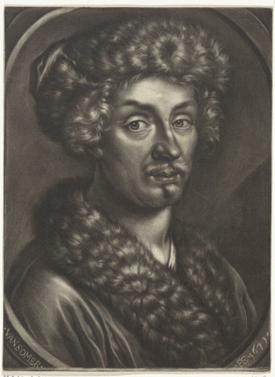 Portret van een man met een bontmuts door Jan van Somer