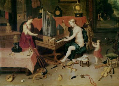 Allegorie van het gehoor, detail van een organist door Jan van and Balen, Hendrik van Kessel