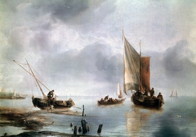 Een klein schip in lichte wind, en een ander aan de grond, ca. 1650-1660, door Jan van de Cappelle (olie op doek) door Jan van de Capelle or Cappelle