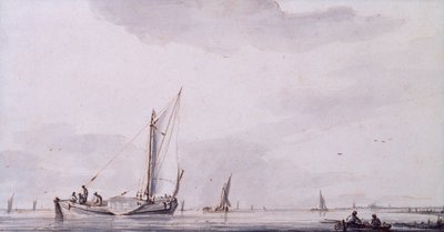 Vissers en zeilboten op een riviermonding in een kalmte door Jan van de Capelle or Cappelle