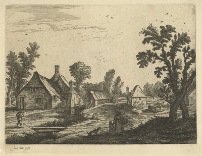 Dorpsgezicht met vrouw en kind in de dorpsstraat door Jan van de Cappelle (attributed to)