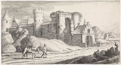 Boer met een paard op een weg langs een kasteel door Jan van de Velde (II)