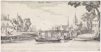 Boten bij een aanlegsteiger in een dorp door Jan van de Velde (II)