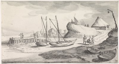 Boten op een rivieroever door Jan van de Velde (II)