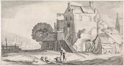 Drie converserende figuren bij een herberg door Jan van de Velde (II)