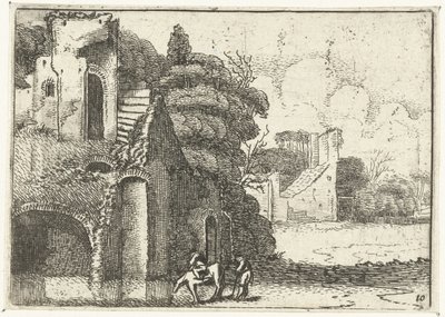 Drinkend paard bij ruïnes door Jan van de Velde (II)