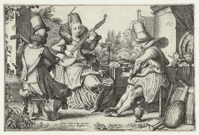 Elegant gezelschap, musicerend in een tuin door Jan van de Velde (II)