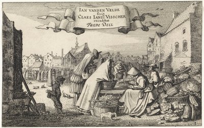 Figuren bij een groentekraam op een markt door Jan van de Velde (II)