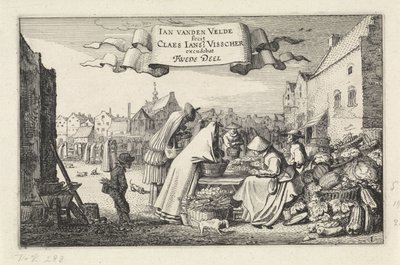 Figuren bij een groentekraam op een markt door Jan van de Velde (II)