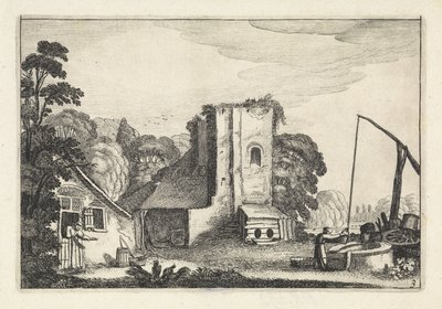 Figuren bij een herberg bij avond door Jan van de Velde (II)