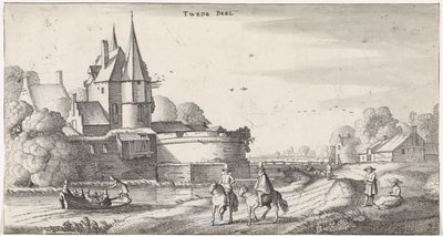 Figuren bij een kasteel in een rivierlandschap door Jan van de Velde (II)