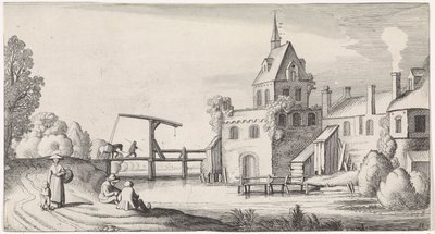 Figuren bij een ophaalbrug voor een dorp met kerktoren door Jan van de Velde (II)