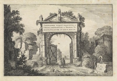 Figuren bij een poort in een landschap door Jan van de Velde (II)