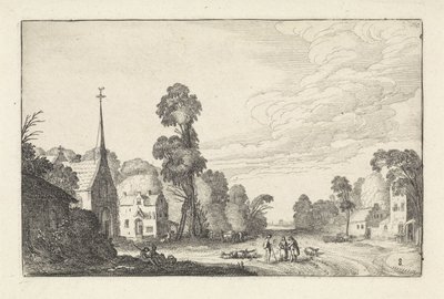 Figuren en vee in een dorp met een kerk door Jan van de Velde (II)