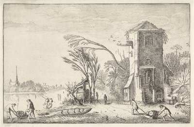 Figuren in een winterlandschap met een toren door Jan van de Velde (II)