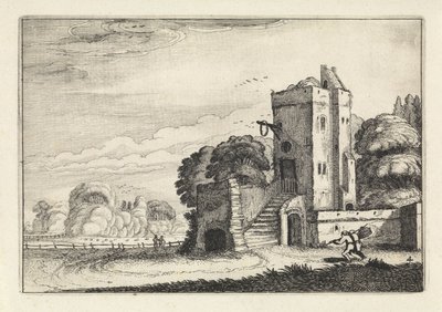 Figuren met een vogelmand bij een toren in een landschap Landschappen (series title) Amenissimae aliquot requculae (series title) door Jan van de Velde (II)