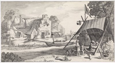 Figuren onder een tentdoek bij een herberg door Jan van de Velde (II)