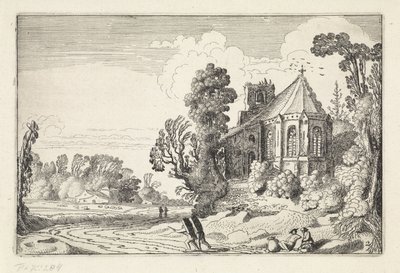 Figuren op een landweg bij een kerkruïne door Jan van de Velde (II)