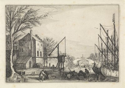 Figuren op het ijs bij een brouwerij Landschappen (series title) Amenissimae aliquot requculae (series title) door Jan van de Velde (II)