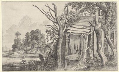 Hengelaar bij een vervallen hut in een landschap door Jan van de Velde (II)