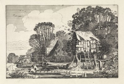 Hengelaars in een boot bij een duiventil door Jan van de Velde (II)