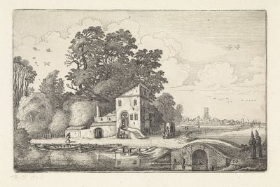Huis bij een stenen brug in een rivierlandschap door Jan van de Velde (II)