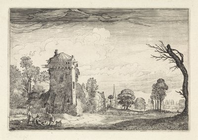 Jagers met honden bij een toren in een landschap (Landschappen, Amenissimae aliquot requculae) door Jan van de Velde (II)