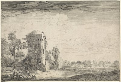 Jagers met honden bij een toren in een landschap door Jan van de Velde (II)