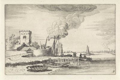 Landschap met een vuurtoren in een haven door Jan van de Velde (II)