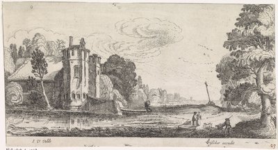 Landschap met figuren bij een versterkt huis met twee torens door Jan van de Velde (II)