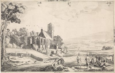 Landschap met graanoogst door Jan van de Velde (II)