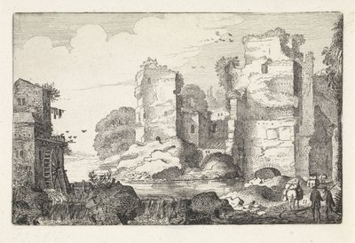 Landschap met ruïnes en een watermolen door Jan van de Velde (II)