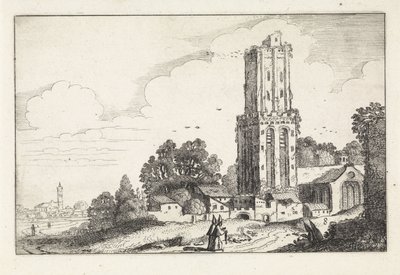 Landschap met vervallen kerktoren door Jan van de Velde (II)