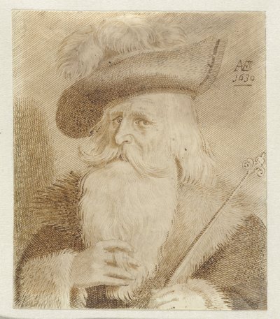 Man met bontkraag, hoed en staf door Jan van de Velde (II)